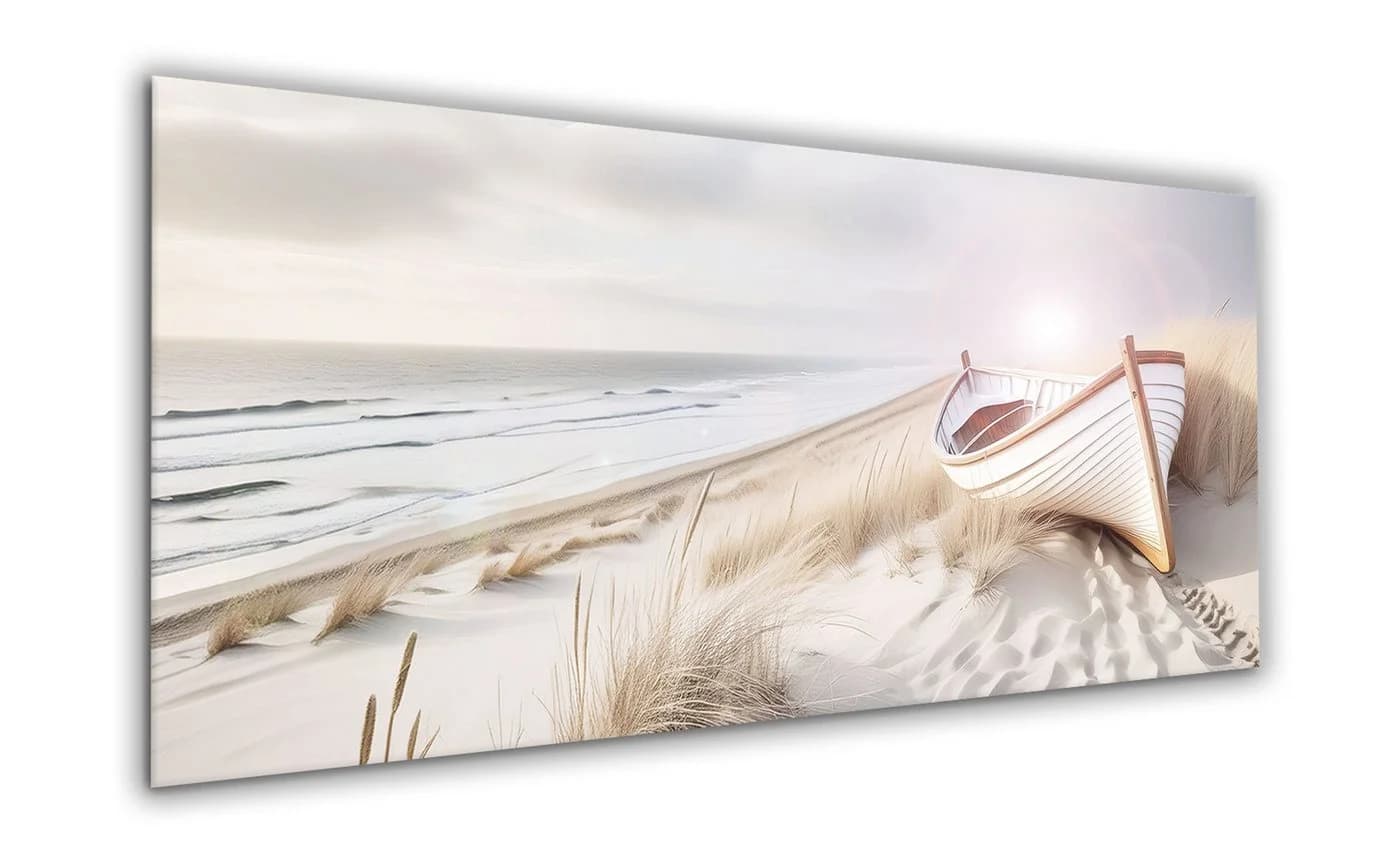artissimo Glasbild Strand Panorama 125x50 cm Beige Blau