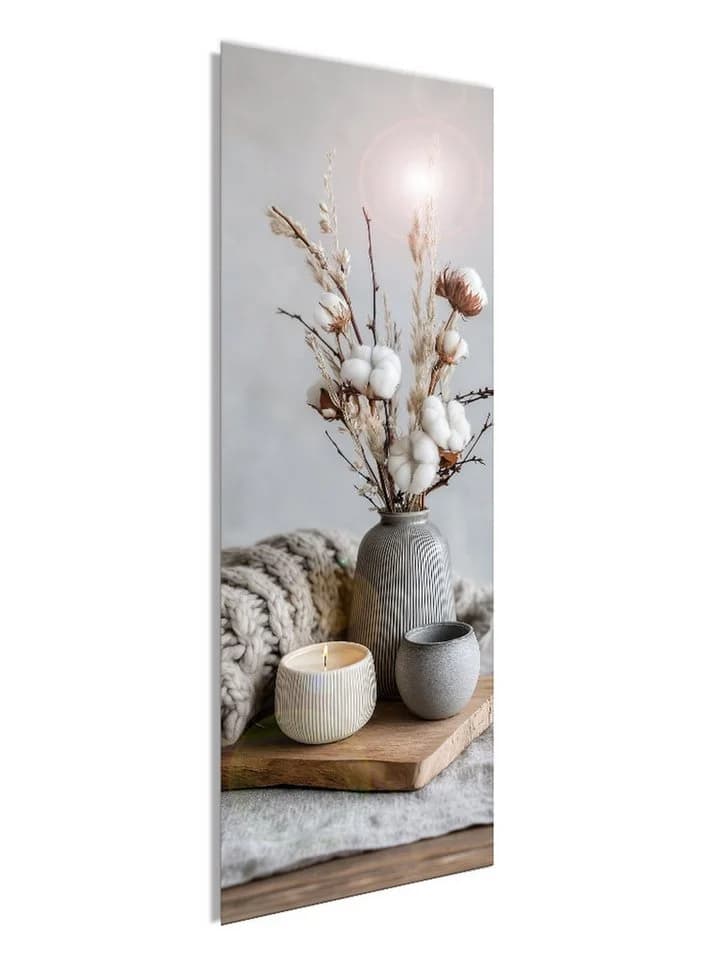 artissimo Glasbild Vase mit Baumwolle Beige 30x80 cm Hygge