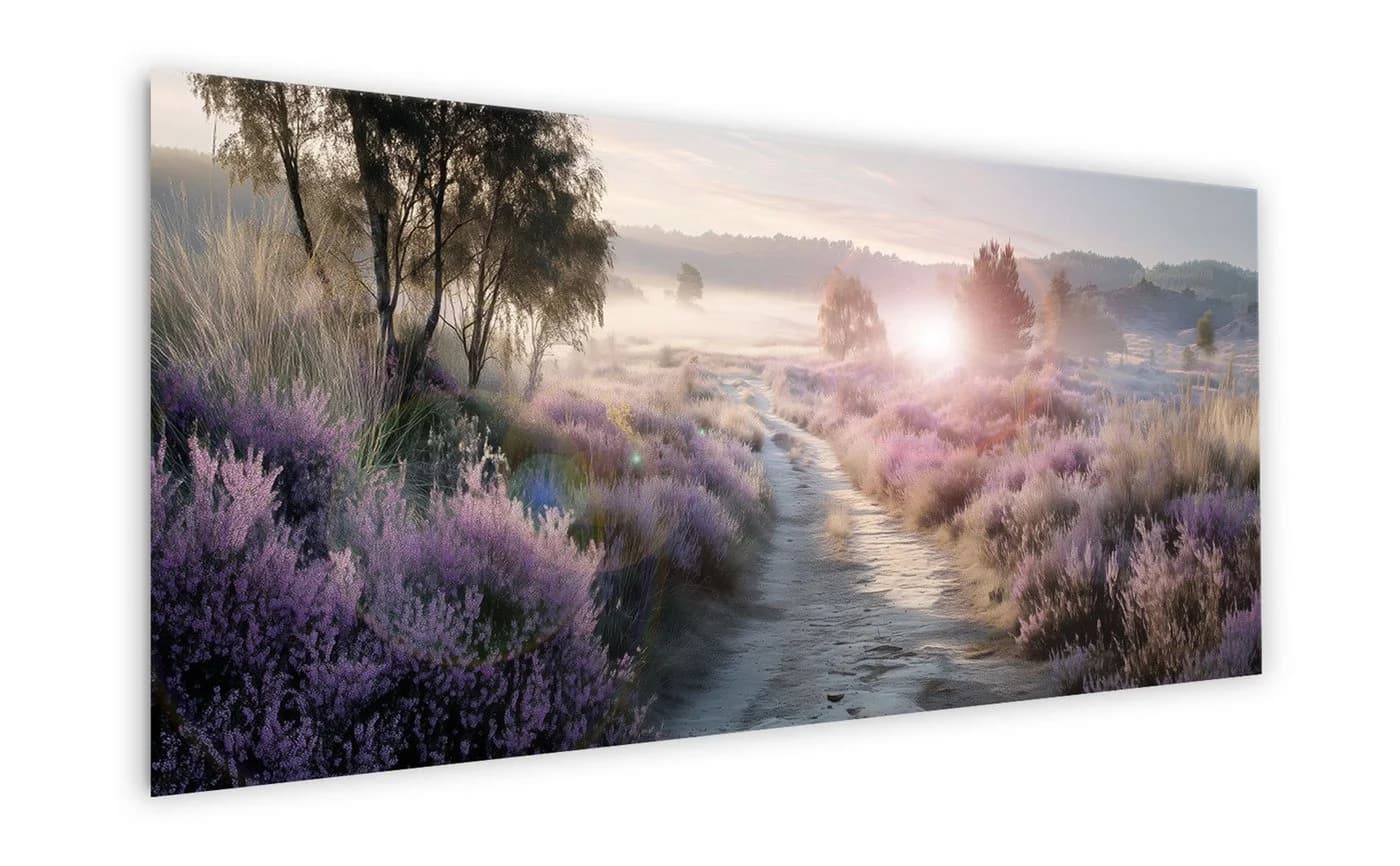 artissimo Glasbild XXL 125x50 cm Heidelandschaft Lila Beige