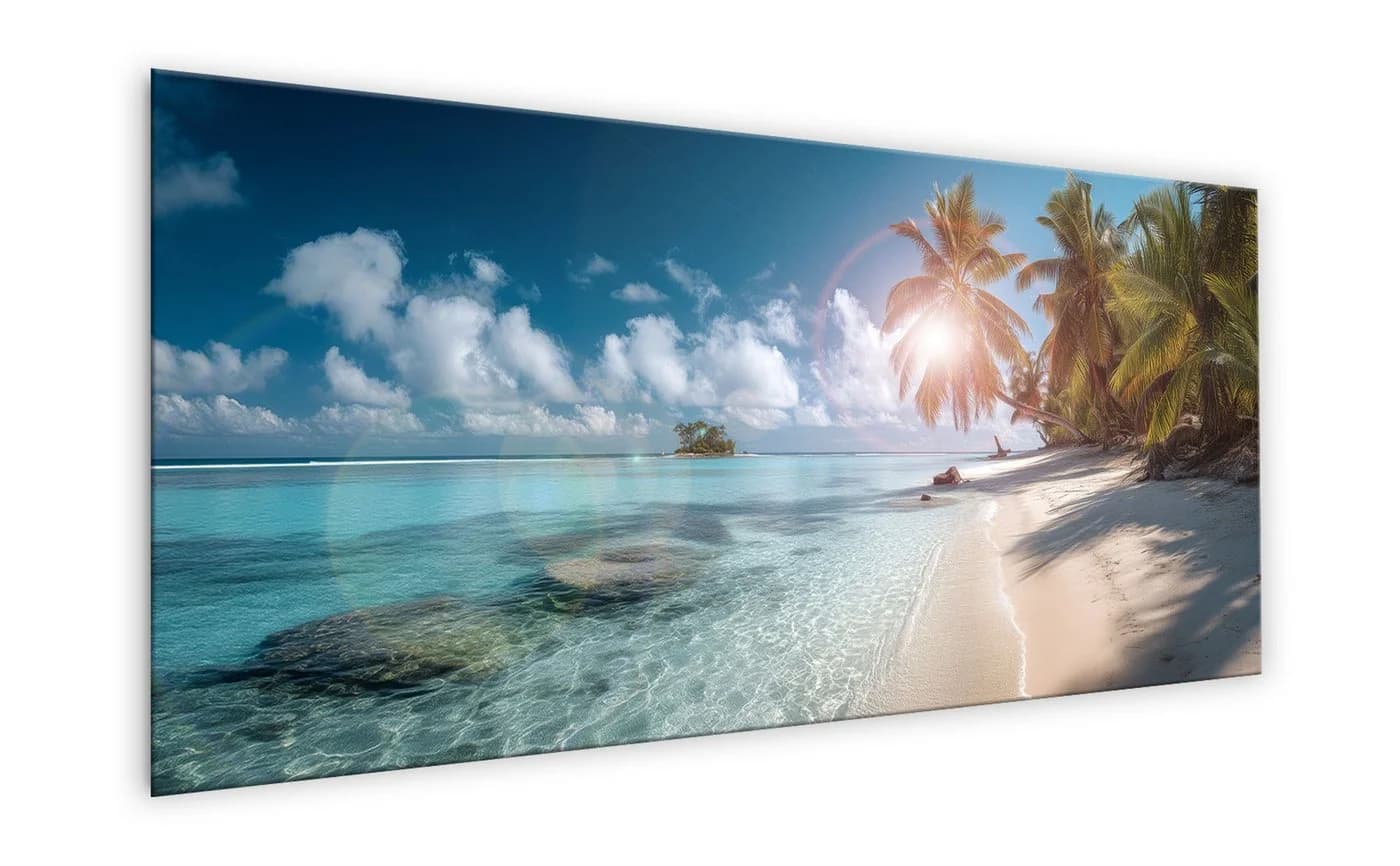 artissimo Glasbild XXL Panorama Strand mit Palmen 125x50 cm