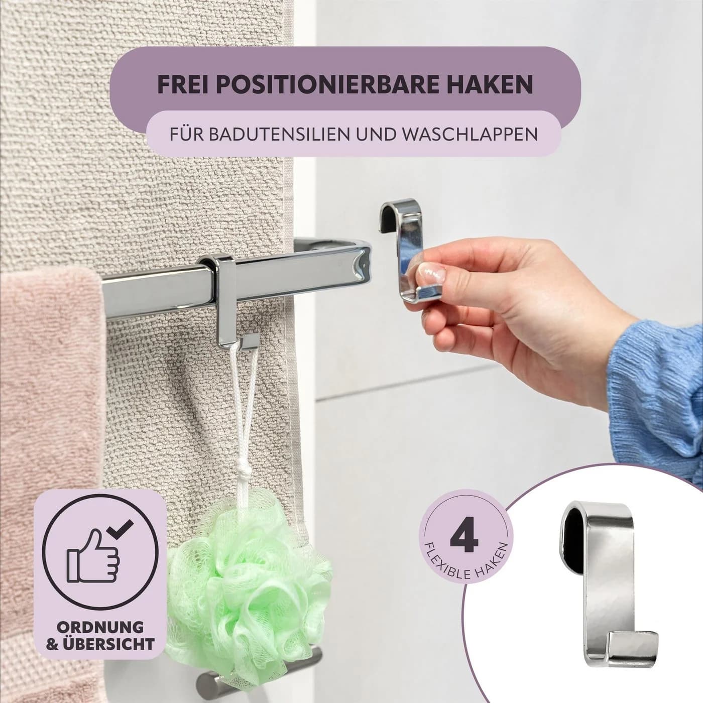 bremermann Handtuchhalter Tür-Hängeregal mit 4 praktischen Haken, verchromt - Bild 4