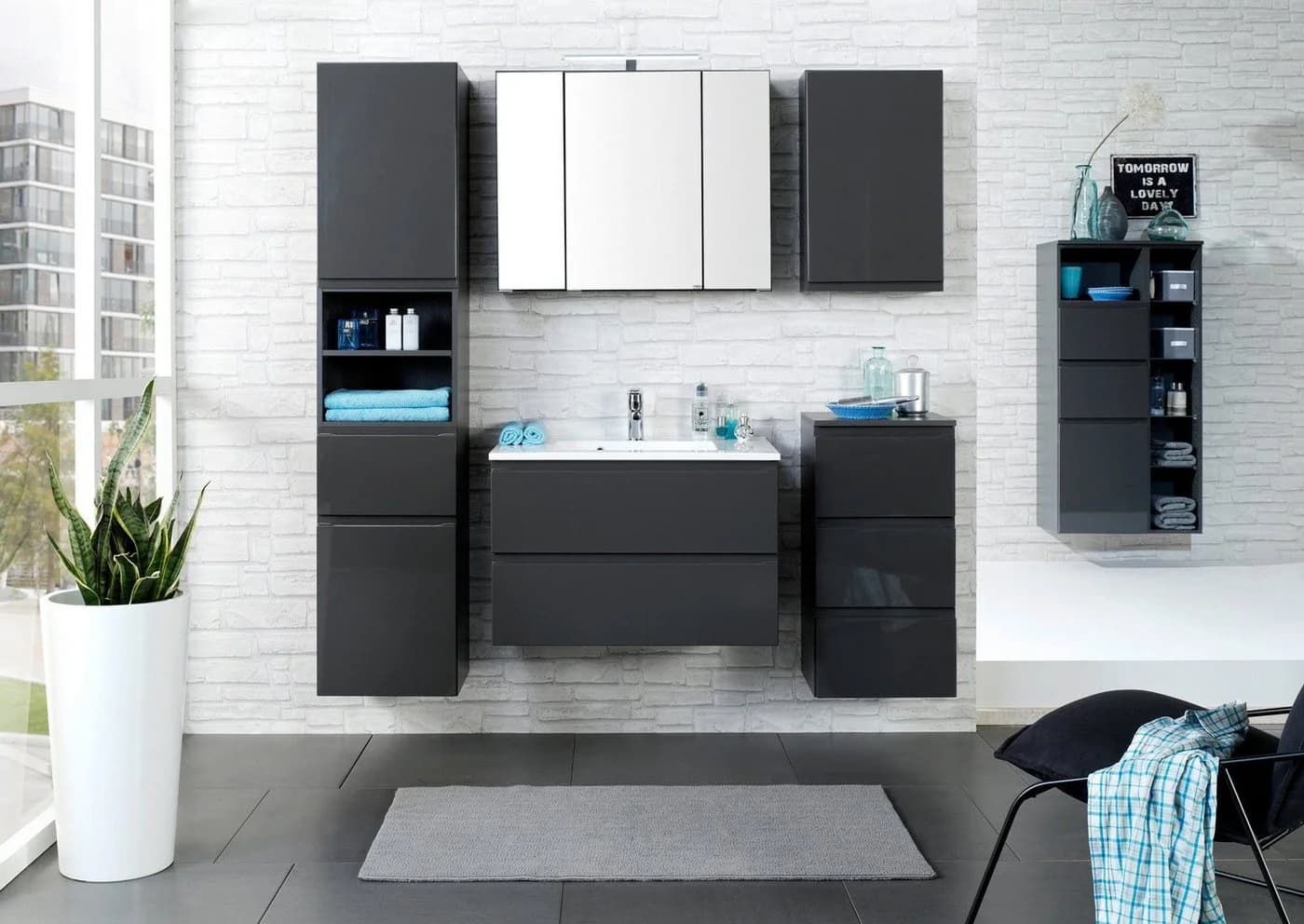 WELLTIME Spiegelschrank Cardiff Grau mit LED und Steckdose