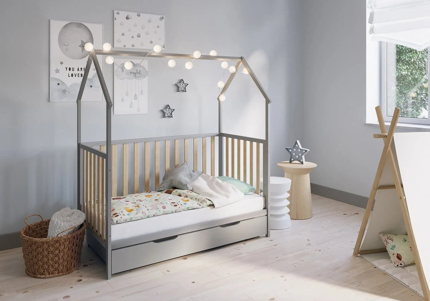 FabiMax Kinderbett Hausbett Schlafmütze grau Kiefernholz massiv
