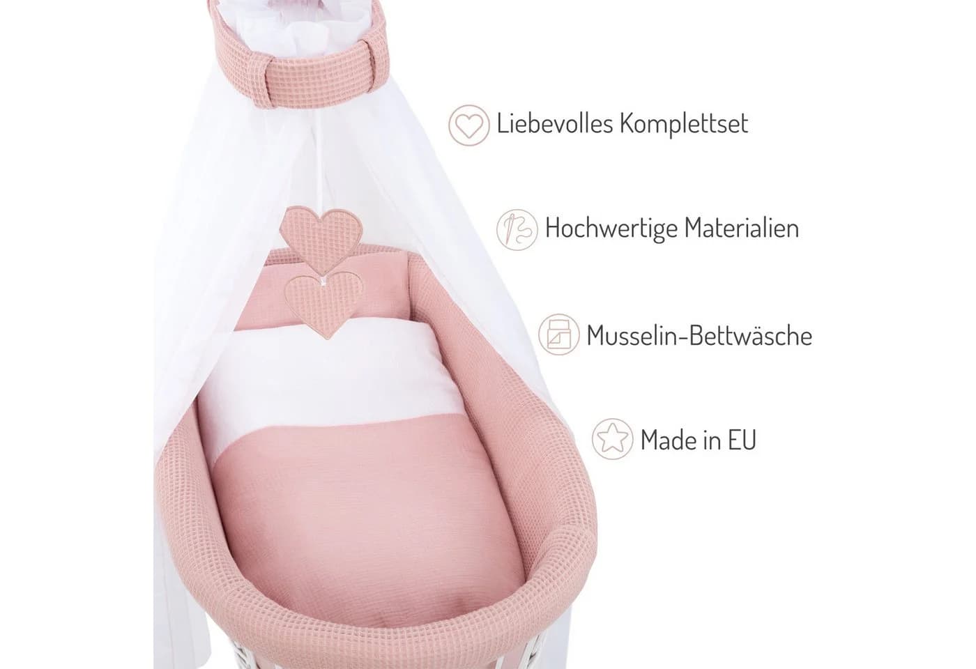 FabiMax Stubenwagen grau lackiert Komplettset Musselin & Waffelpiqué - Bild 3