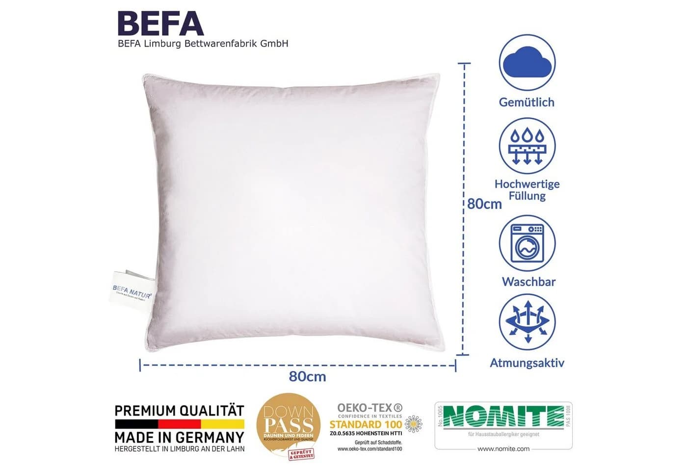 BEFA NATUR Federkopfkissen 80x80 cm Premium Entenfedern - Bild 3