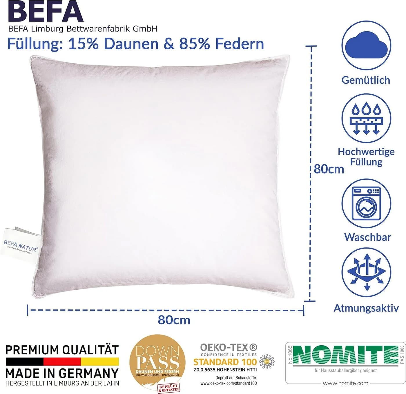 BEFA NATUR Daunenkissen 15% Daunenanteil 80x80 cm Baumwolle - Bild 3