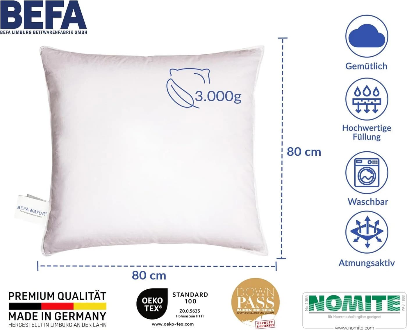 BEFA NATUR Federkopfkissen 80x80 Extra Fest 100% Entenfedern - Bild 5