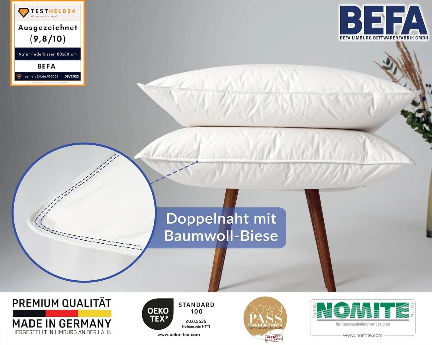 BEFA NATUR Federkopfkissen Extra Fest 1500g 100% Entenfedern - Bild 5