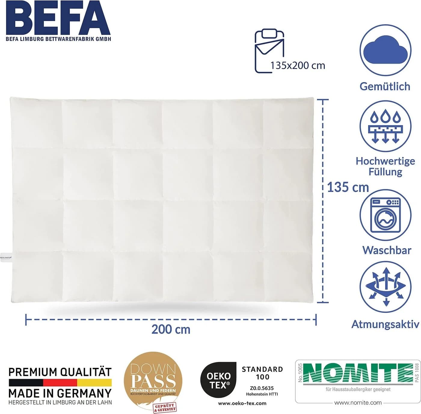 BEFA NATUR Daunenbettdecke 60/40 Premium Ganzjahresdecke Weiß - Bild 5