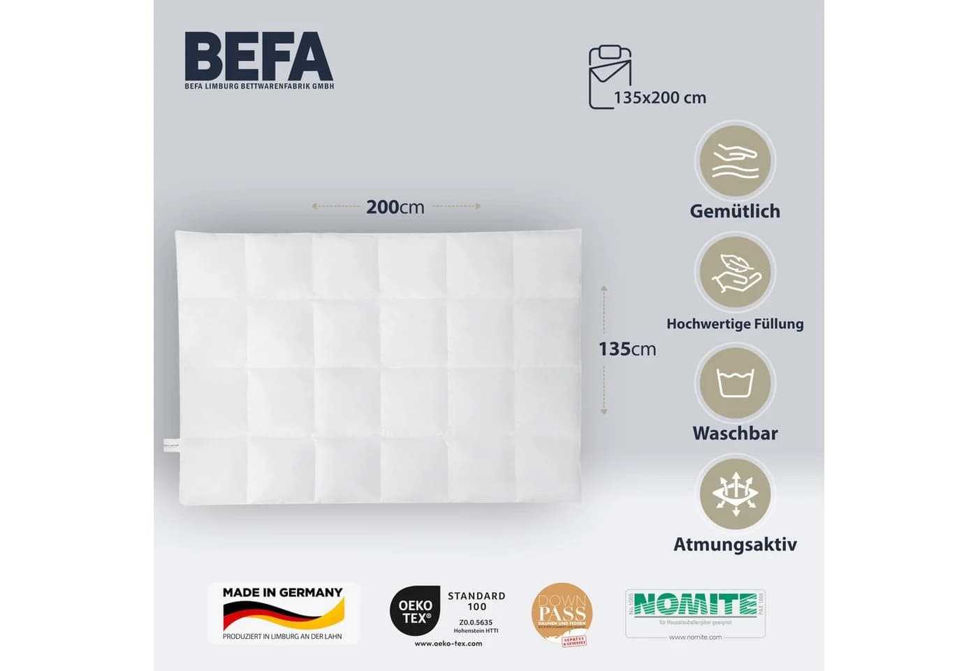 BEFA NATUR Daunenbettdecke "Wohlfühl Nächte" 90/10 Premium-Ganzjahresdecke Weiß