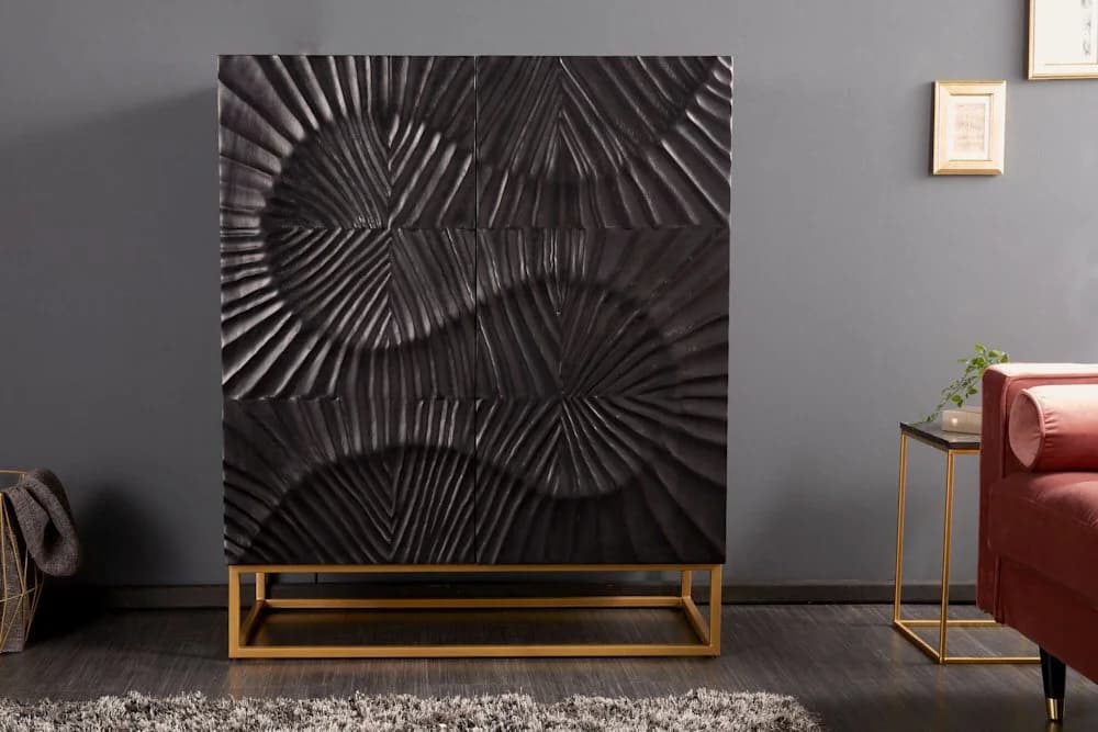 riess-ambiente Highboard SCORPION Schwarz Gold 3D Schnitzerei Massivholz