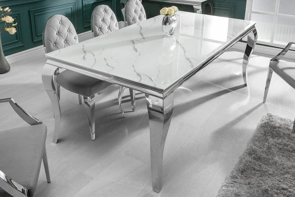 Riess Ambiente Esstisch Modern Barock Marmor-Design Glas Edelstahl - Bild 4