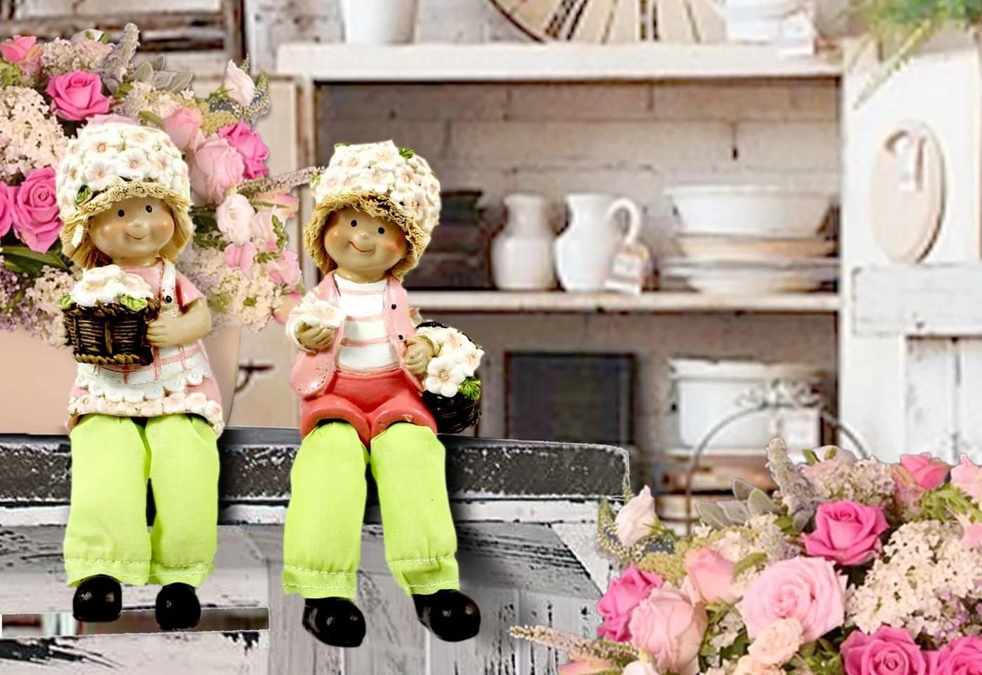 ELLUG Dekofigur 2er Set Blumenkinder Blumenhut Kantenhocker Schlenkerbeine