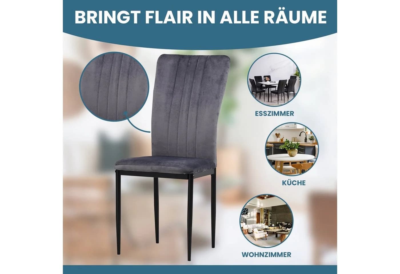 Albatros International Esszimmerstuhl MODENA Grau Samt 4er Set - Bild 5