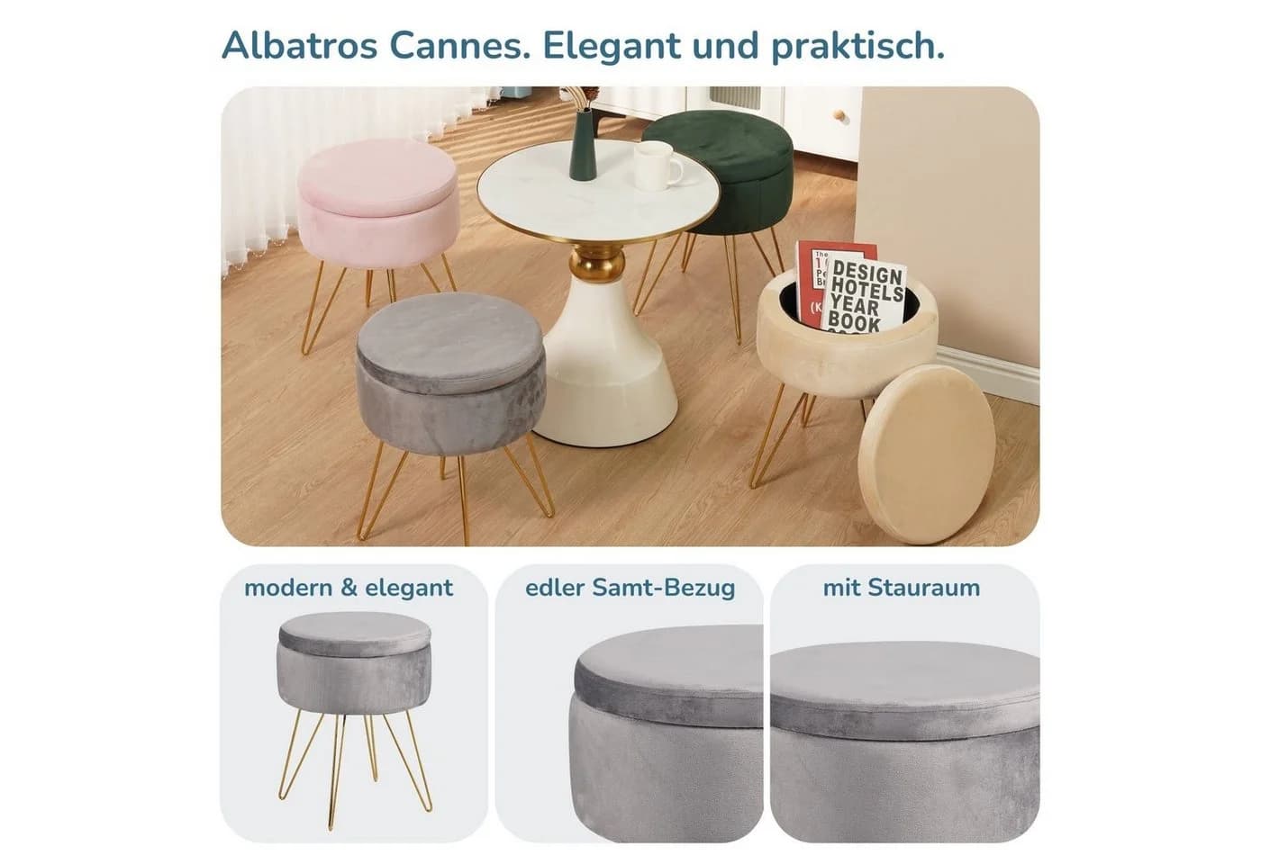 Albatros International Polsterhocker Cannes mit Stauraum Grau Samt