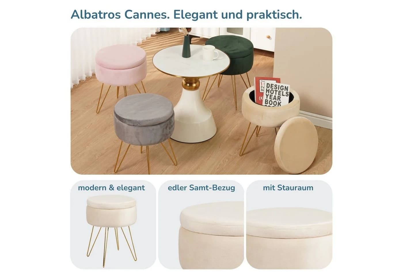 Albatros International Polsterhocker Cannes Beige Samt mit Stauraum