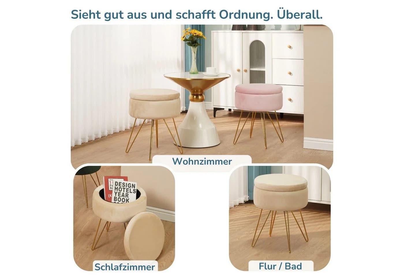 Albatros International Polsterhocker Cannes Beige Samt mit Stauraum - Bild 4