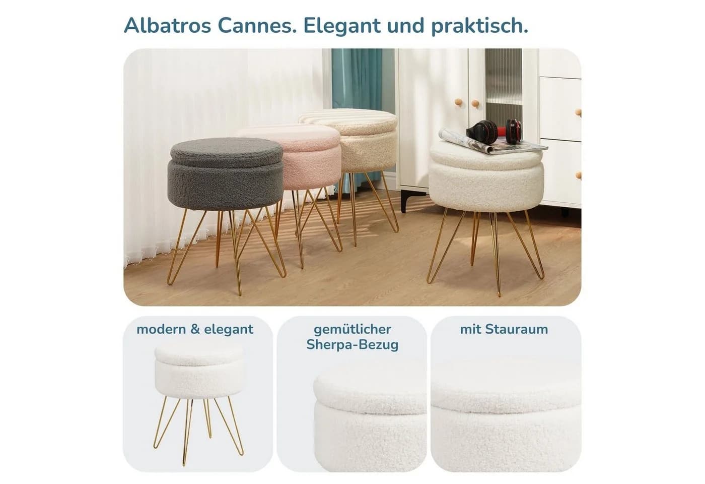 Albatros International Polsterhocker Cannes Weiss Sherpa Stauraum