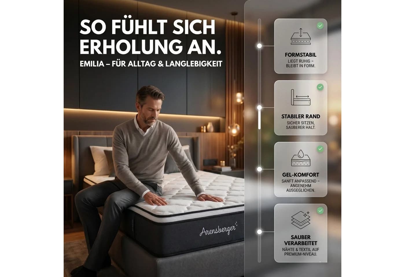 Arensberger EMILIA Taschenfederkernmatratze H3 Premium mit Gel-Schaum Topper - Bild 5