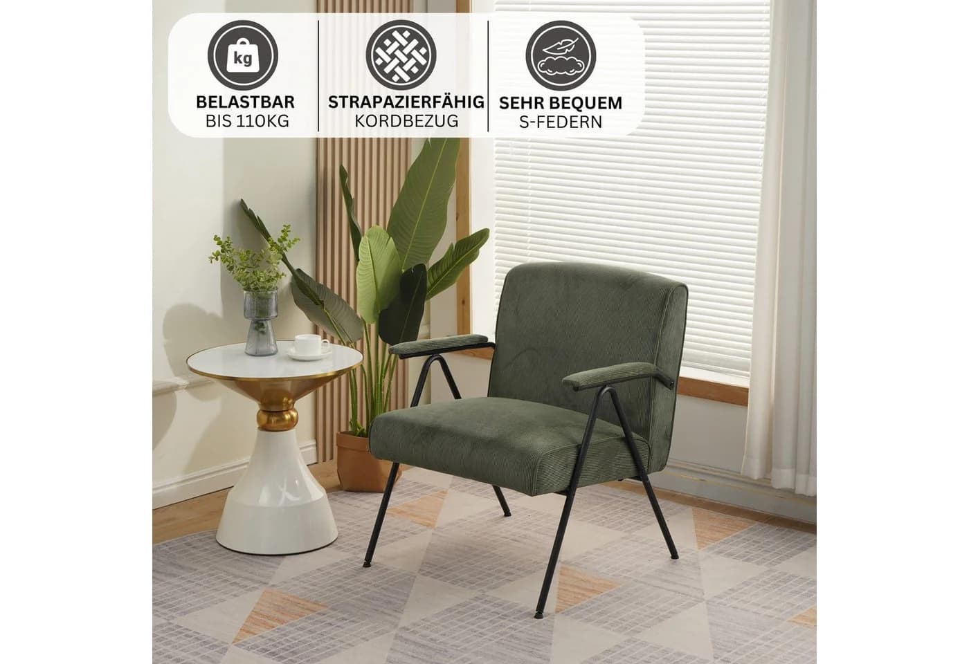 Albatros International Sessel Stanford Grün Vintage Design Stoff Cord