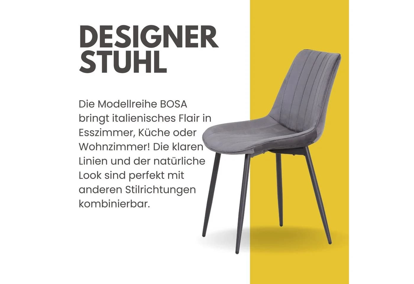 Albatros International BOSA Esszimmerstuhl Grau Samt Retro-Design 2er Set - Bild 5