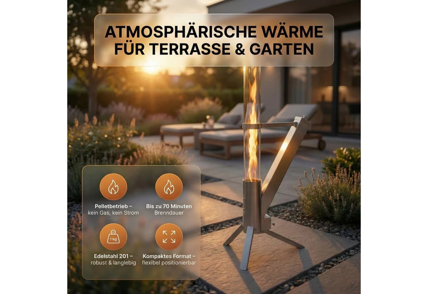 Albatros International Gartenkamin Pelletfackel Edelstahl mit Glasrohr - Bild 3