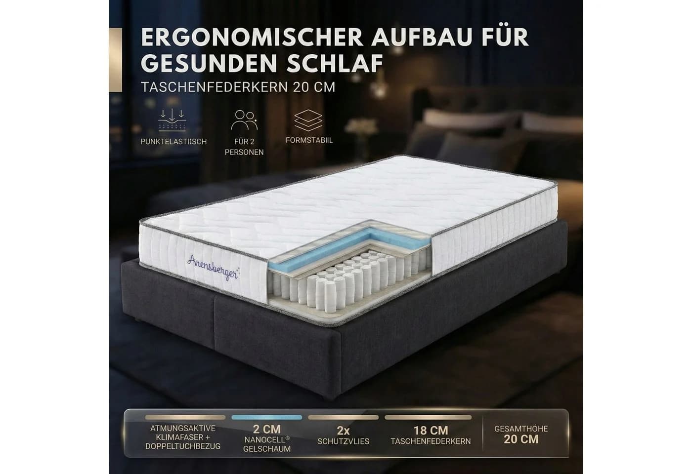Arensberger Taschenfederkernmatratze JANA 7 Zonen H3 Gelschaum - Bild 3