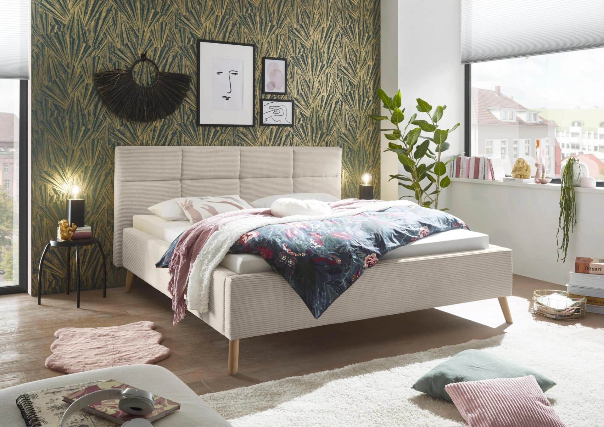 Polsterbett Cary Beige Cord Massivholz Füße SET ONE BY MUSTERRING