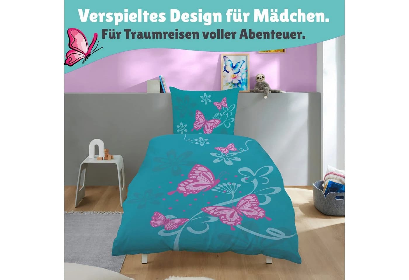 Familando Jugendbettwäsche Schmetterlinge Türkis Weiß Renforcé - Bild 4
