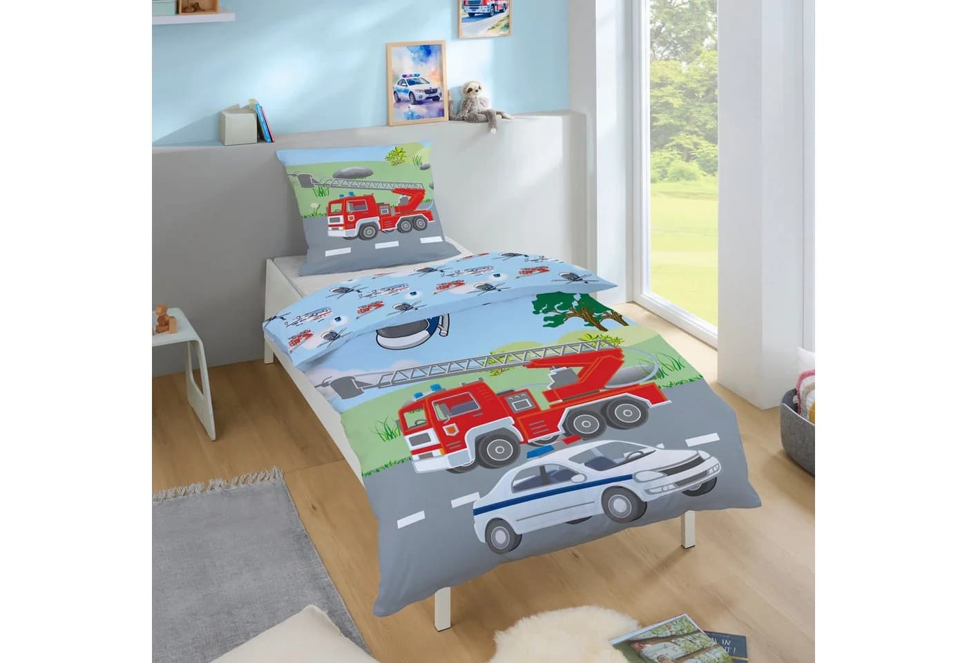 Familando Kinderbettwäsche Polizei & Feuerwehr Bunt Wendeseite