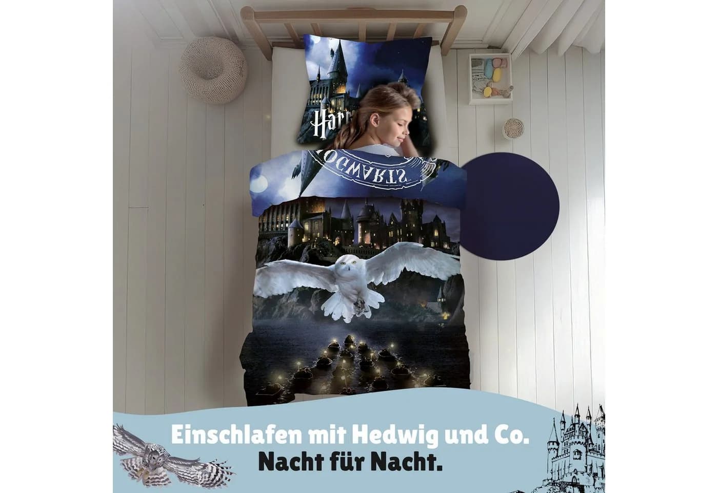 Familando Harry Potter Wendebettwäsche Eule 100% Baumwolle Schwarz-Blau