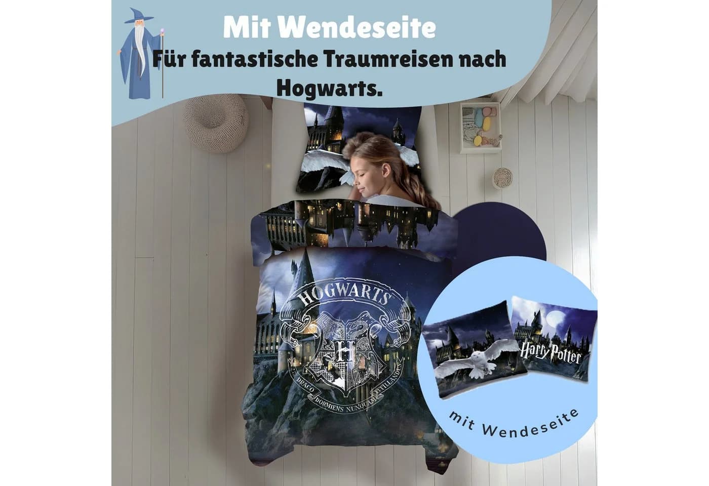 Familando Harry Potter Wendebettwäsche Eule 100% Baumwolle Schwarz-Blau - Bild 3