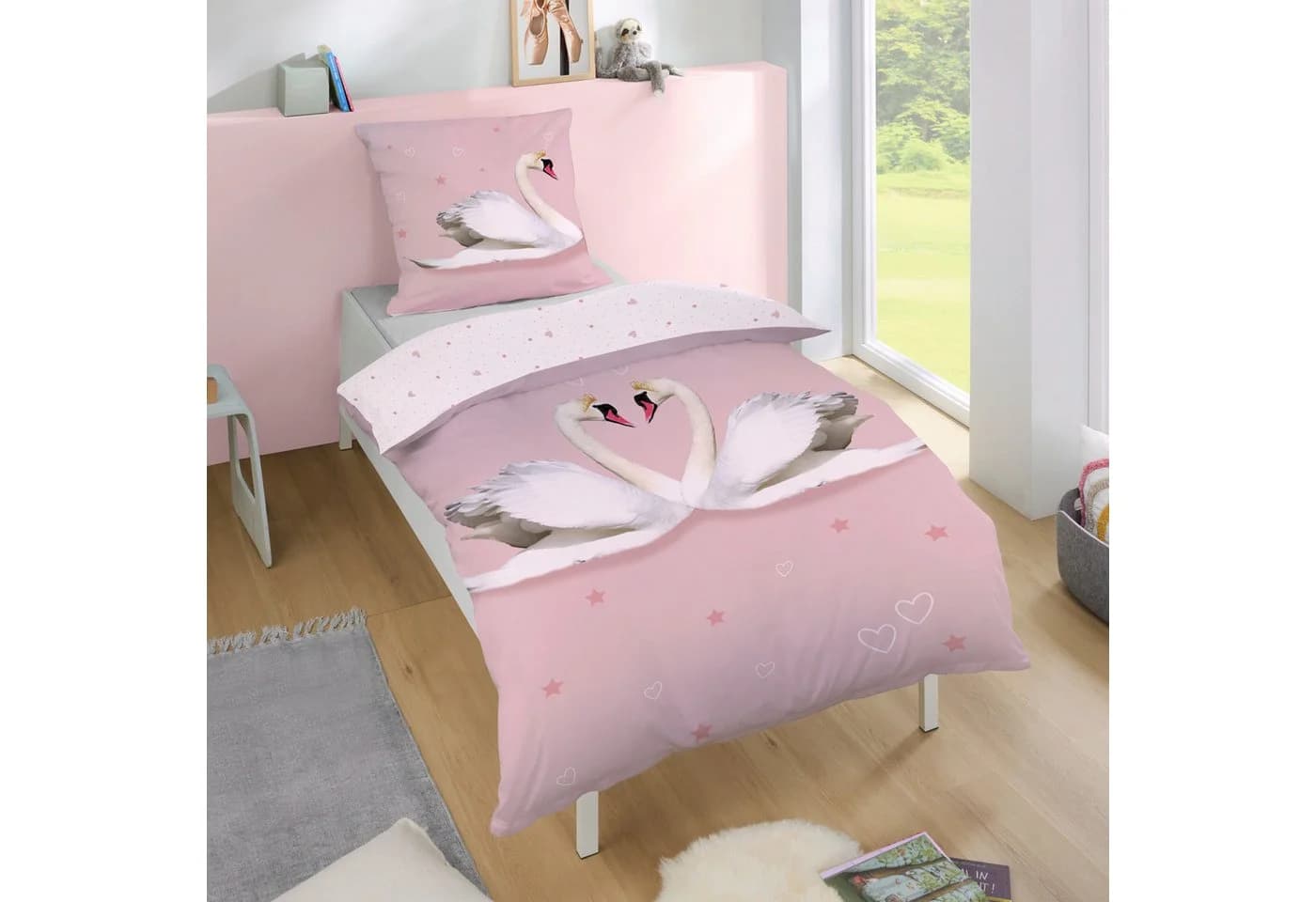 Familando Partnerbettwäsche Liebes Schwan 2-teilig Flanell Weiß/Rosa