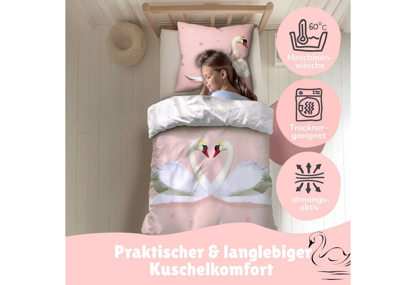 Familando Partnerbettwäsche Liebes Schwan 2-teilig Flanell Weiß/Rosa - Bild 3