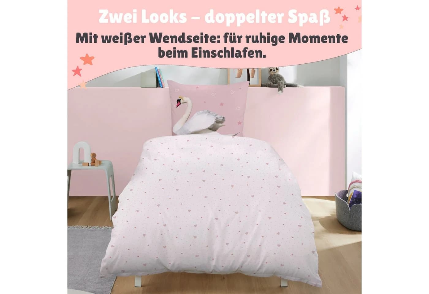 Familando Partnerbettwäsche Liebes Schwan 2-teilig Flanell Weiß/Rosa - Bild 5