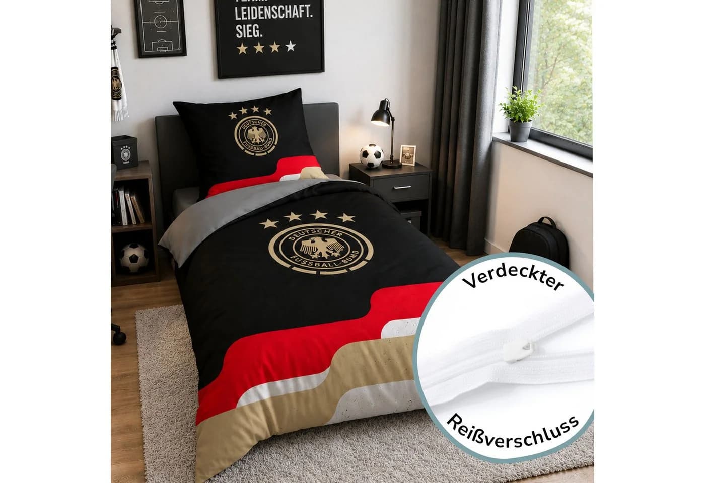 DFB Bettwäsche Set 2-teilig 135x200 cm Renforcé Baumwolle Schwarz Rot Gold - Bild 5