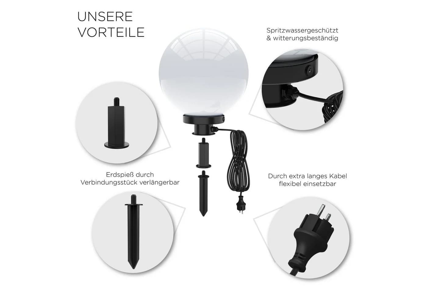 SellTec KIRA SET Kugelleuchte Gartenstrahler weiß E27 IP44 - Bild 4