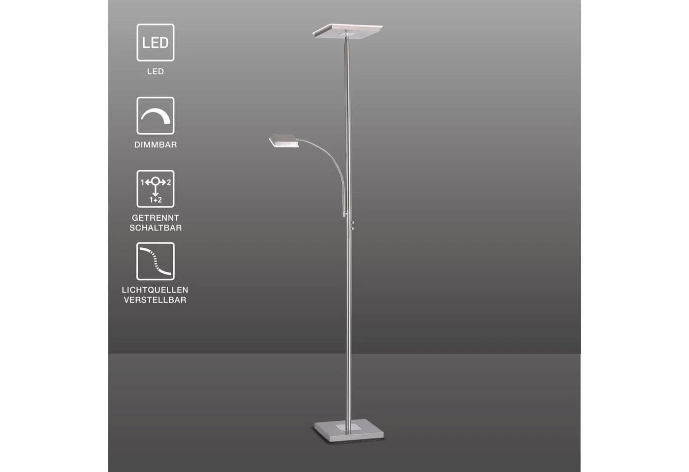 SellTec LED Stehlampe Silber Dimmbar Touchdimmer Fluter Leselampe