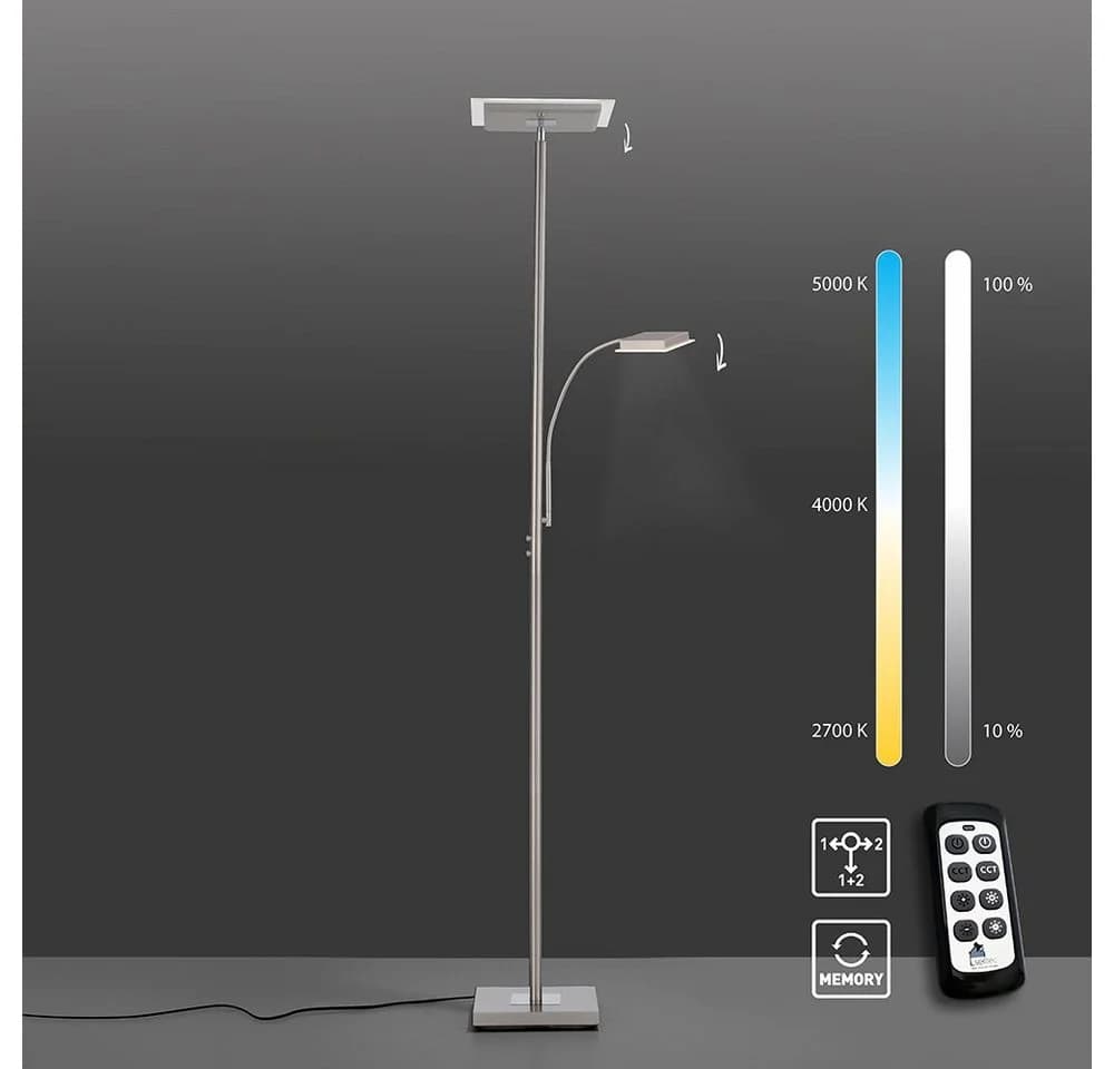 SellTec LED Stehleuchte Deckenfluter Silber CCT Dimmbar Fernbedienung