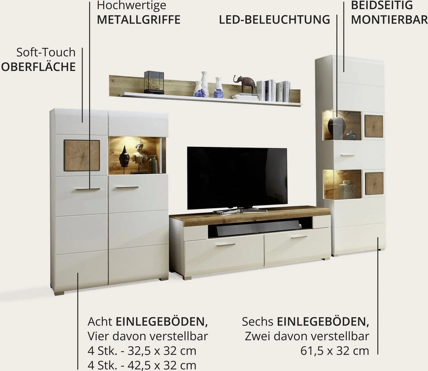 Innostyle Wohnwand FUN PLUS Weiß Matt mit LED-Beleuchtung