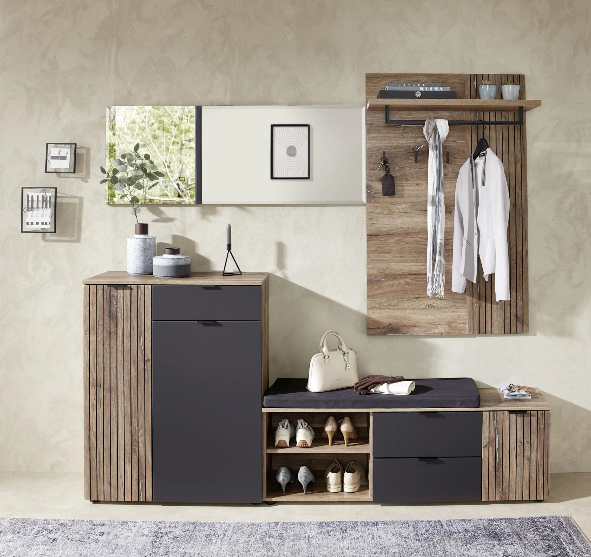 Innostyle LINEA Garderoben-Set 4-teilig Grau/Braun mit Schuhschrank und Sitzbank