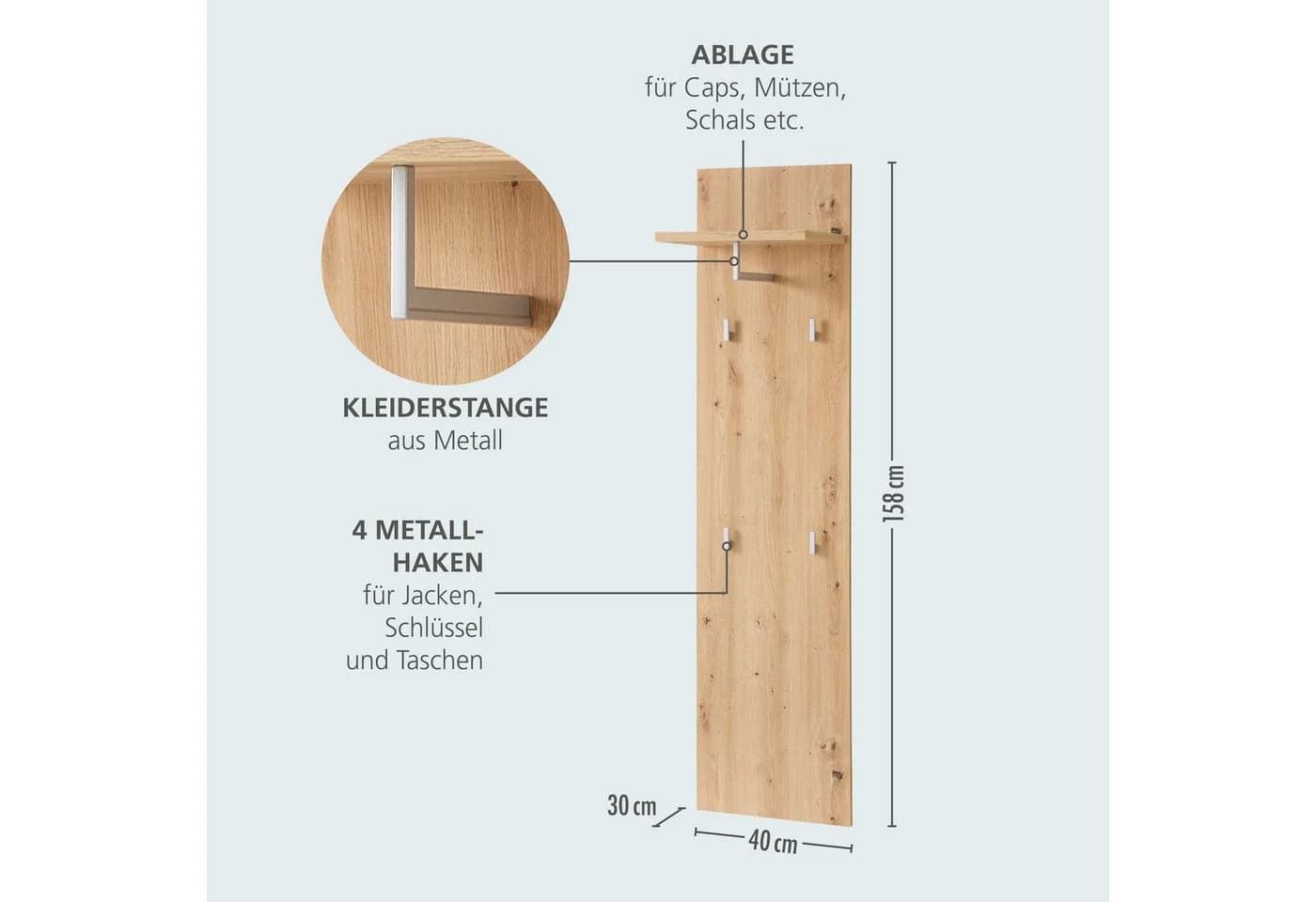Innostyle Garderobenpaneel BARI Braun Eiche Optik mit 4 Haken - Bild 5
