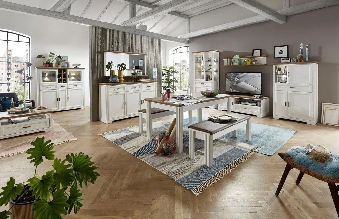 Innostyle Wohnwand Jasmin 4-teilig Weiß/Eichefarben mit LED - Bild 4