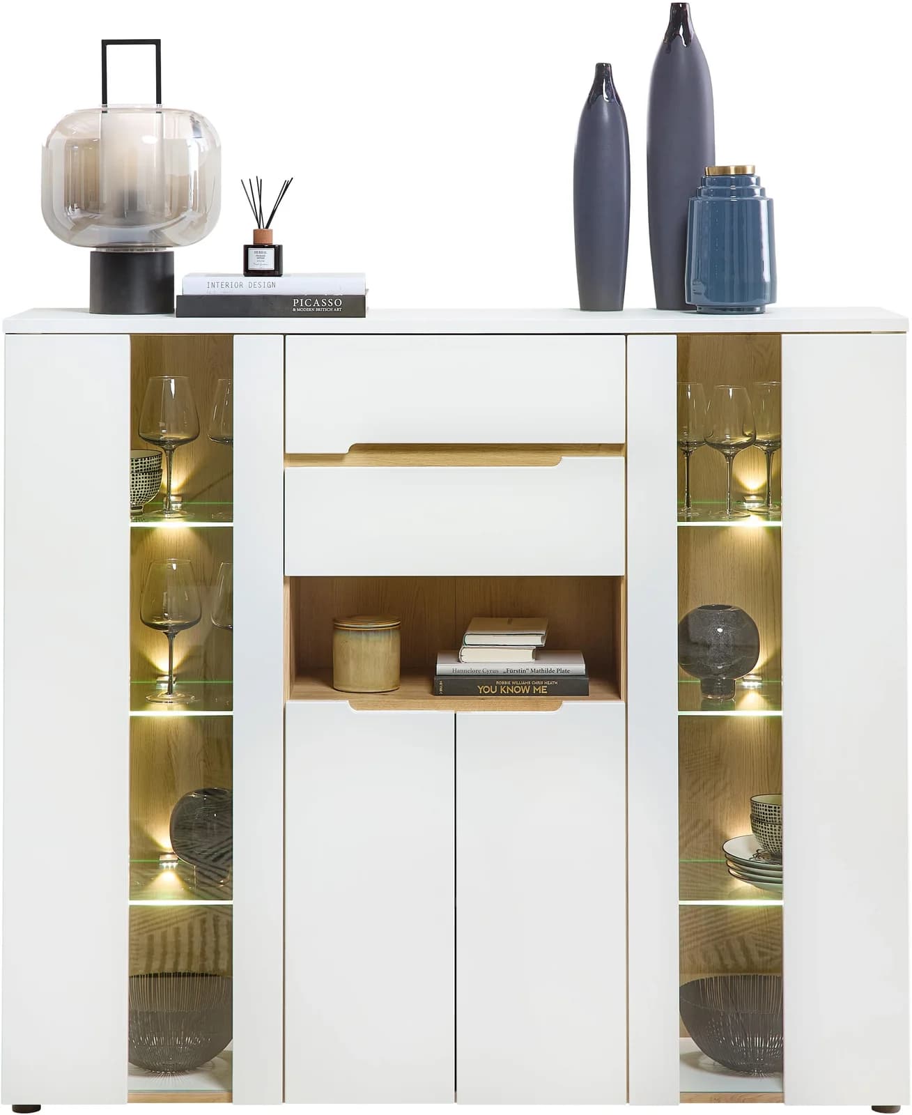 Highboard INNOSTYLE Memphis Highboard LED-Beleuchtung 4 Glastüren 2 Schubladen