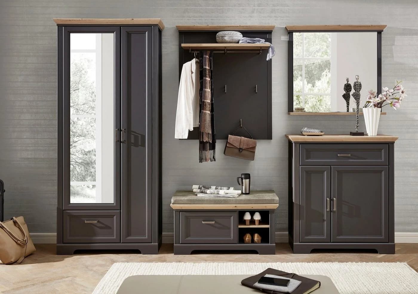 Innostyle Garderobenschrank Jasmin Grau mit Spiegeltür und Soft-Close