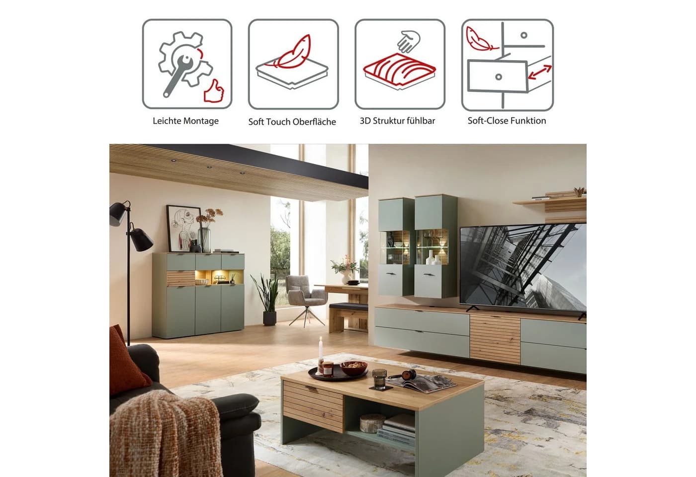 Innostyle INA Highboard Schilfgrün Artisan Eiche 3-Türig 4-Schubladen - Bild 3
