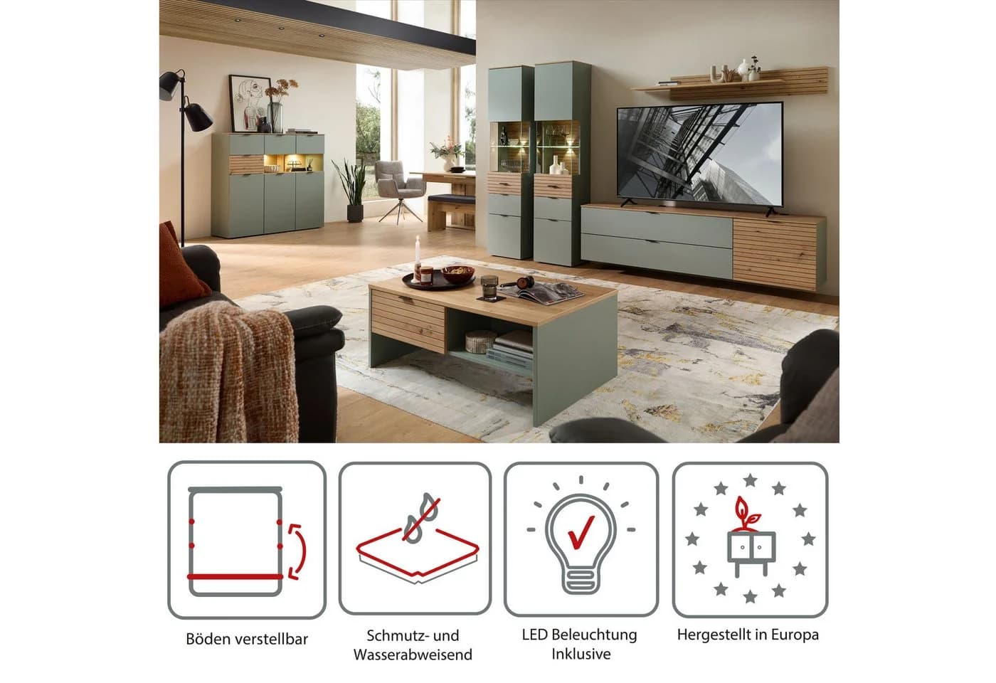 Innostyle INA Highboard Schilfgrün Artisan Eiche 3-Türig 4-Schubladen - Bild 4