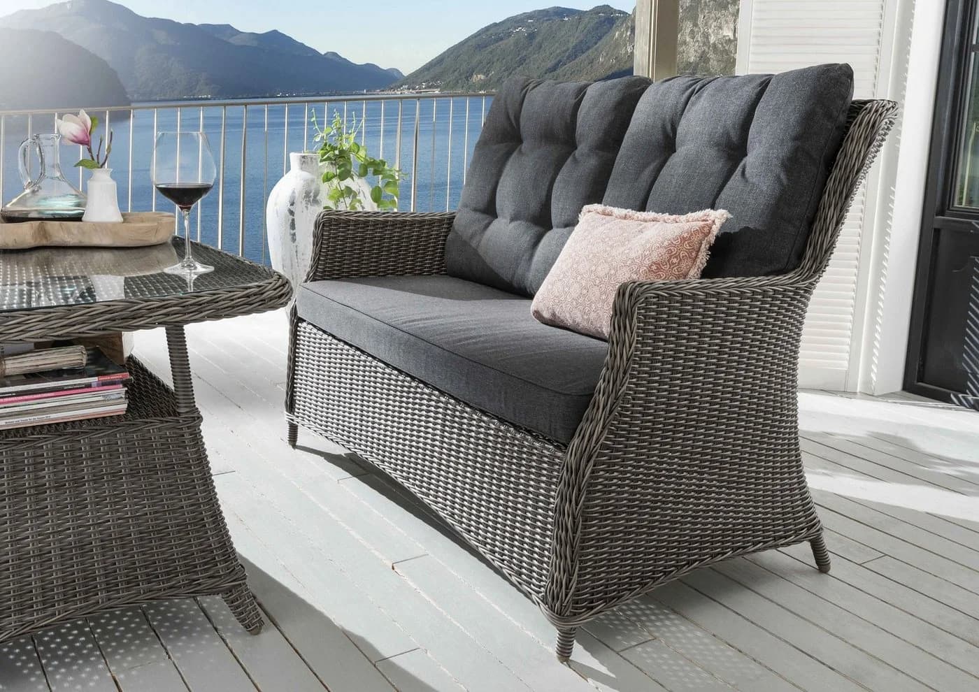 Loungesofa DESTINY CASA Grau Polyrattan 2er inkl. Auflagen