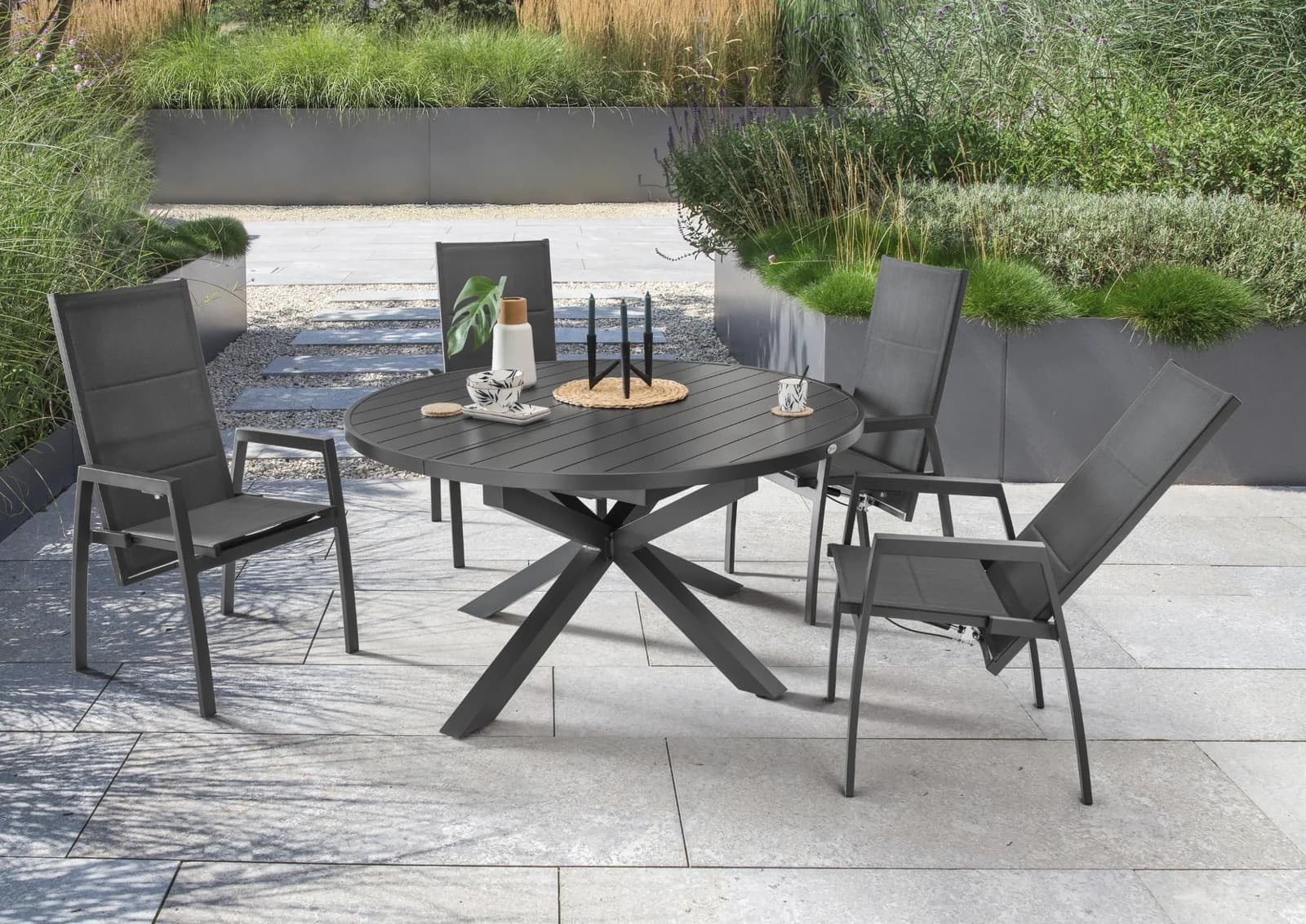 Garten-Essgruppe Destiny Costa Arona Anthrazit 4 Stühle ausziehbar