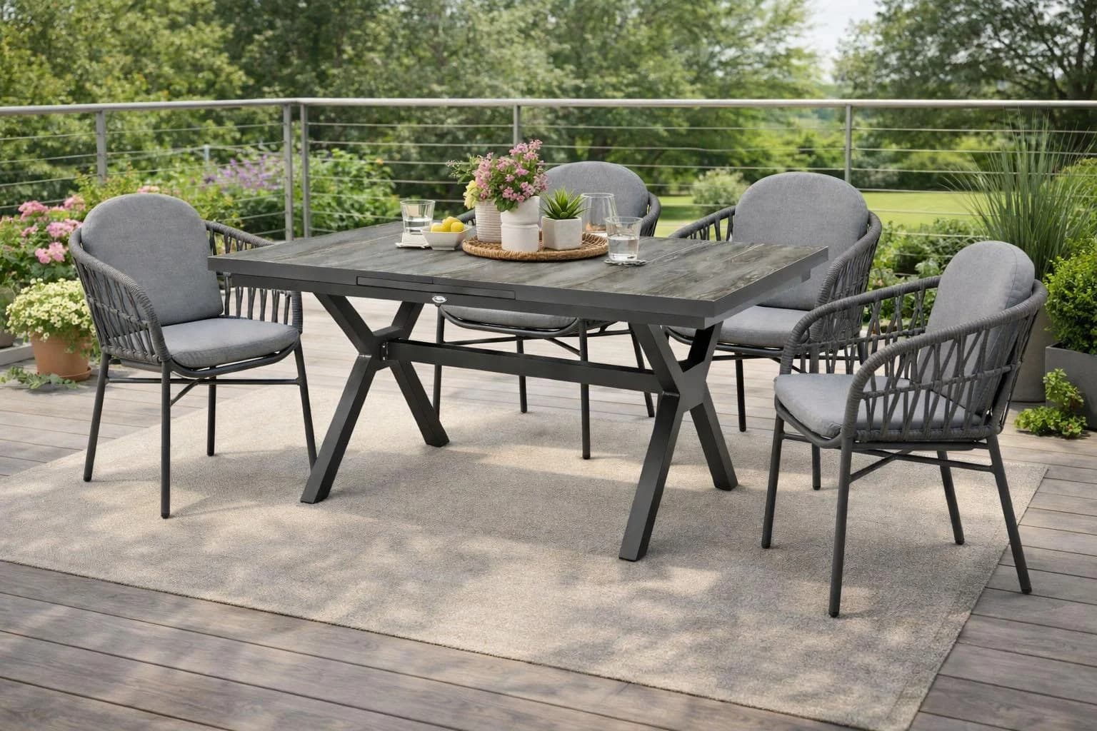 Garten-Essgruppe DESTINY COMO GARDA mit Ausziehtisch und 4 Sesseln